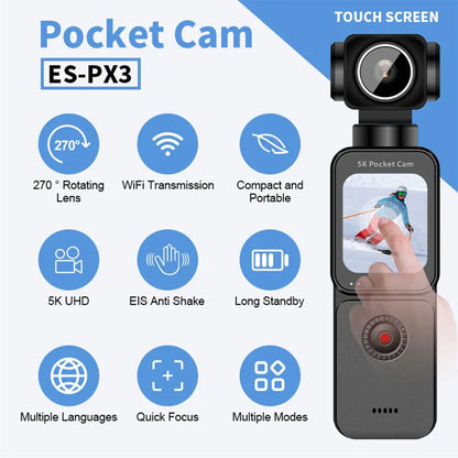 Pocket Cam ES-PX3 with features listed on a blue and white background