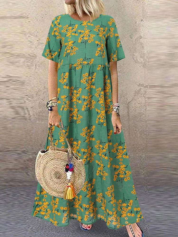 ZANZEA Summer Maxi Dress Women's Vintage Printed Sundress Casual Loose Short Sleeve Vestidos Vacation High Waist Robe Femme - Zara-Craft