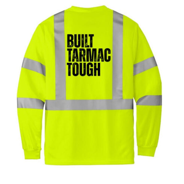 High-visibility safety shirt with 'Built Tarmac Tough' text on the back, on a white background.