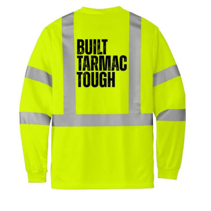High-visibility safety shirt with 'Built Tarmac Tough' text on the back, on a white background.