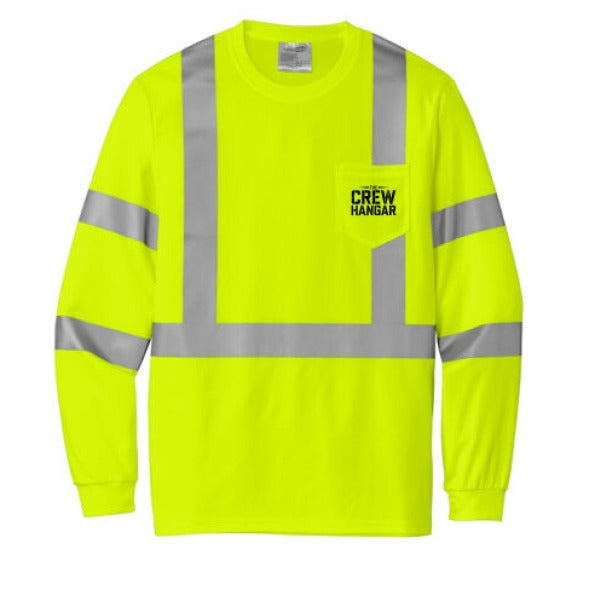 High-visibility yellow long-sleeve shirt with reflective stripes on a white background
