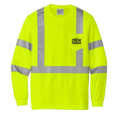 High-visibility yellow long-sleeve shirt with reflective stripes on a white background