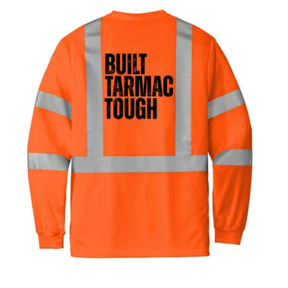 Orange safety shirt with 'Built Tarmac Tough' text on a white background