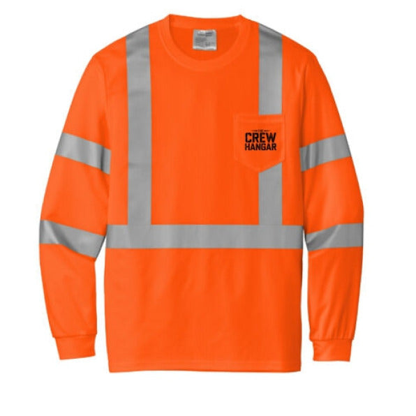 Orange long-sleeve shirt with reflective stripes on a white background