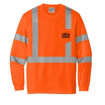 Orange long-sleeve shirt with reflective stripes on a white background