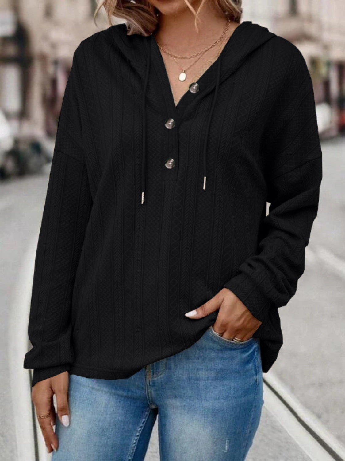 Drawstring Dropped Shoulder Long Sleeve Women Hoodie