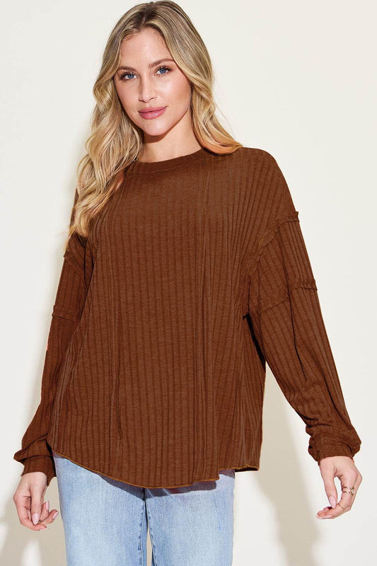 Basic Bae Full Size Ribbed Round Neck Long Sleeve Women T-Shirt - Zara-Craft