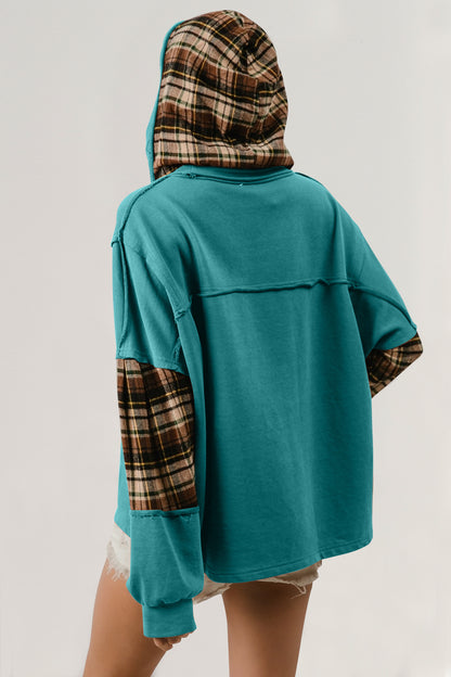 Double Take Drawstring Plaid Star Patch Women Long Sleeve Hoodie