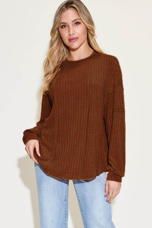 Basic Bae Full Size Ribbed Round Neck Long Sleeve Women T-Shirt - Zara-Craft