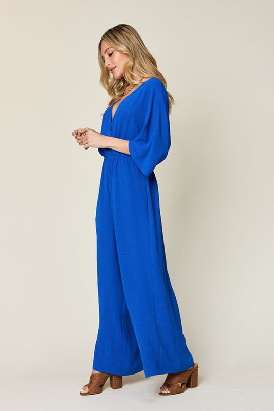 Double Take Full Size Surplice Wide Leg Women Jumpsuit with Pockets