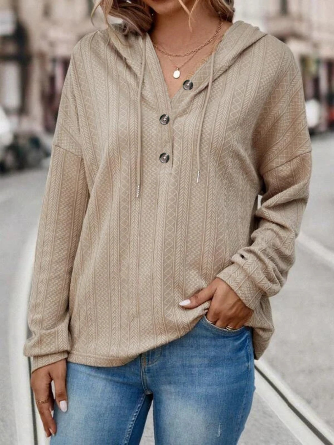 Drawstring Dropped Shoulder Long Sleeve Women Hoodie