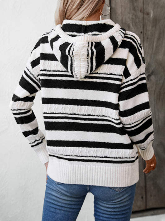 Drawstring Striped Long Sleeve Women Hooded Sweater