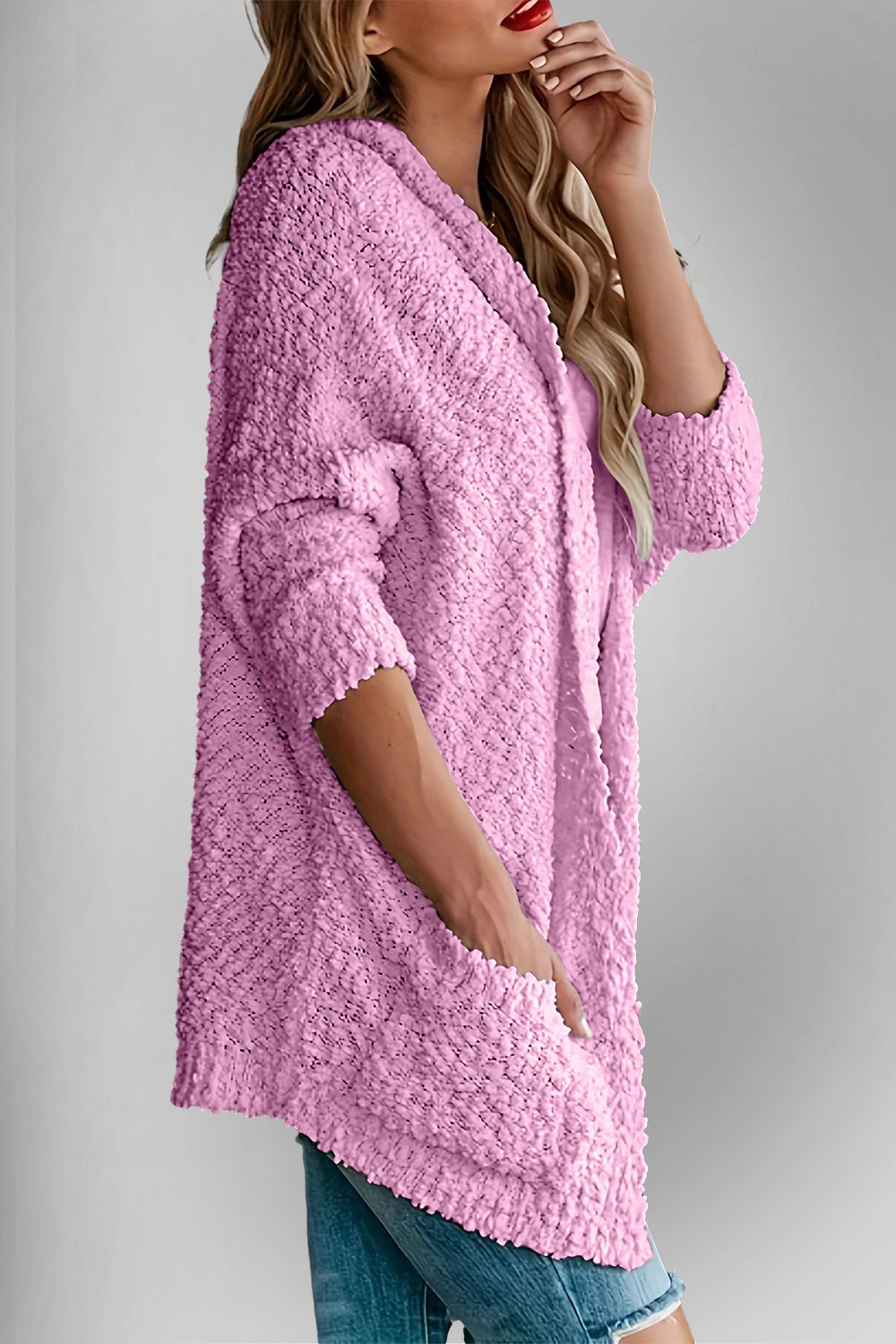 Velvet Bloom Pocketed Open Front Long Sleeve Women Cardigan