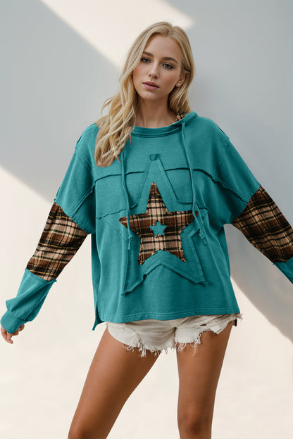 Double Take Drawstring Plaid Star Patch Women Long Sleeve Hoodie