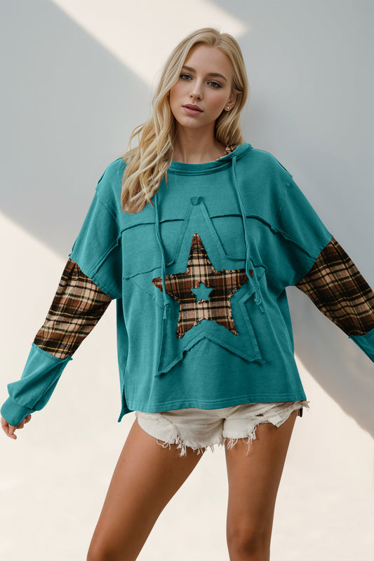 Double Take Drawstring Plaid Star Patch Women Long Sleeve Hoodie