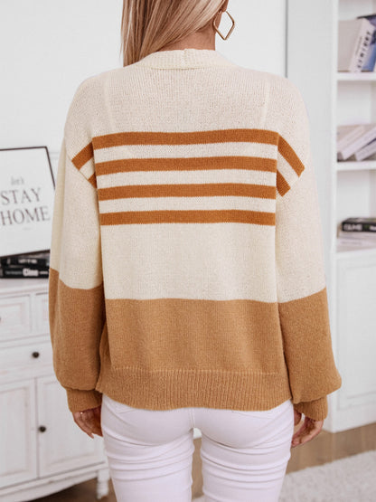 Color Block V-Neck Button Down Long Sleeve Women Cardigan
