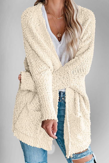 Velvet Bloom Pocketed Open Front Long Sleeve Women Cardigan
