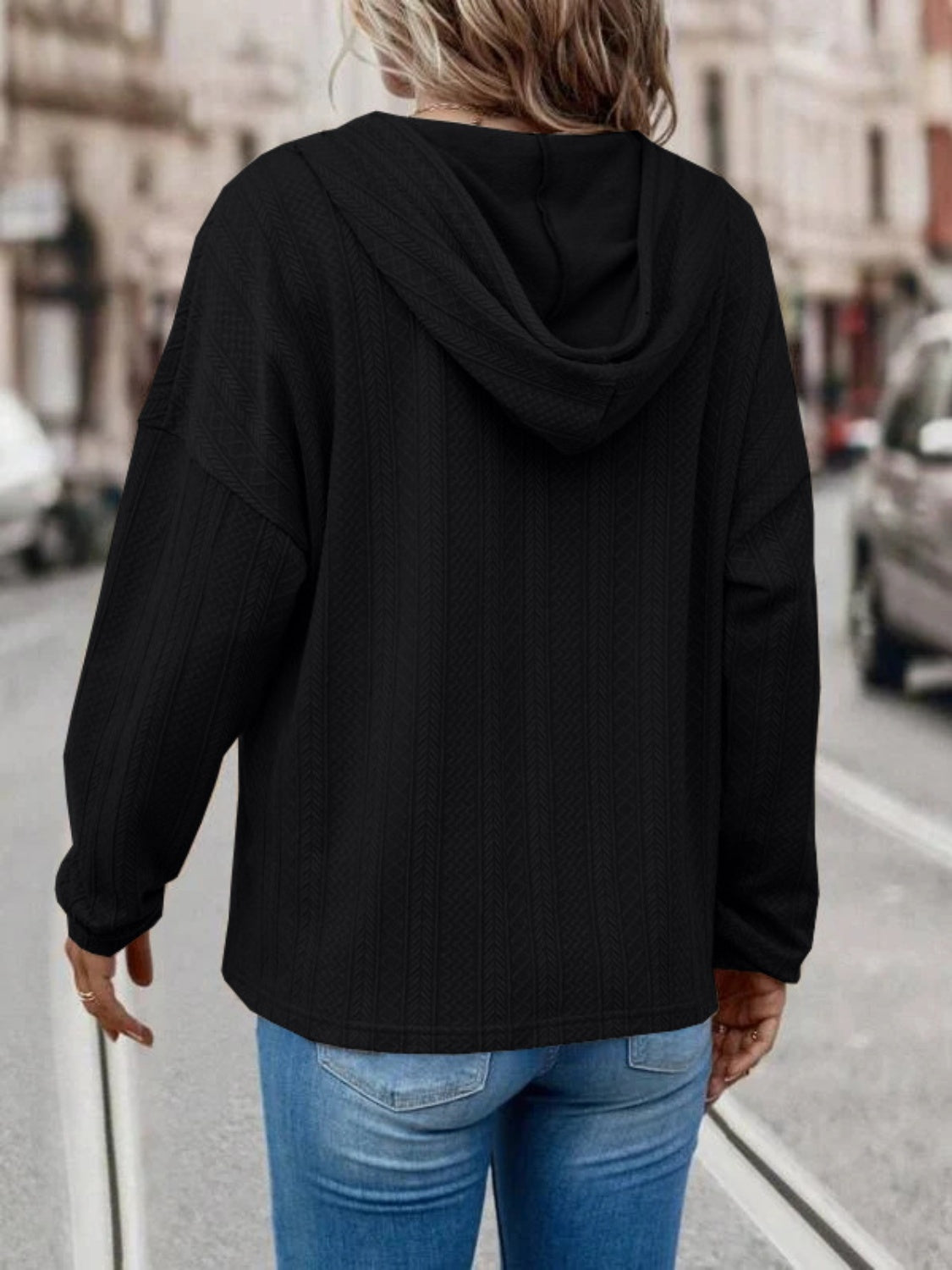 Drawstring Dropped Shoulder Long Sleeve Women Hoodie
