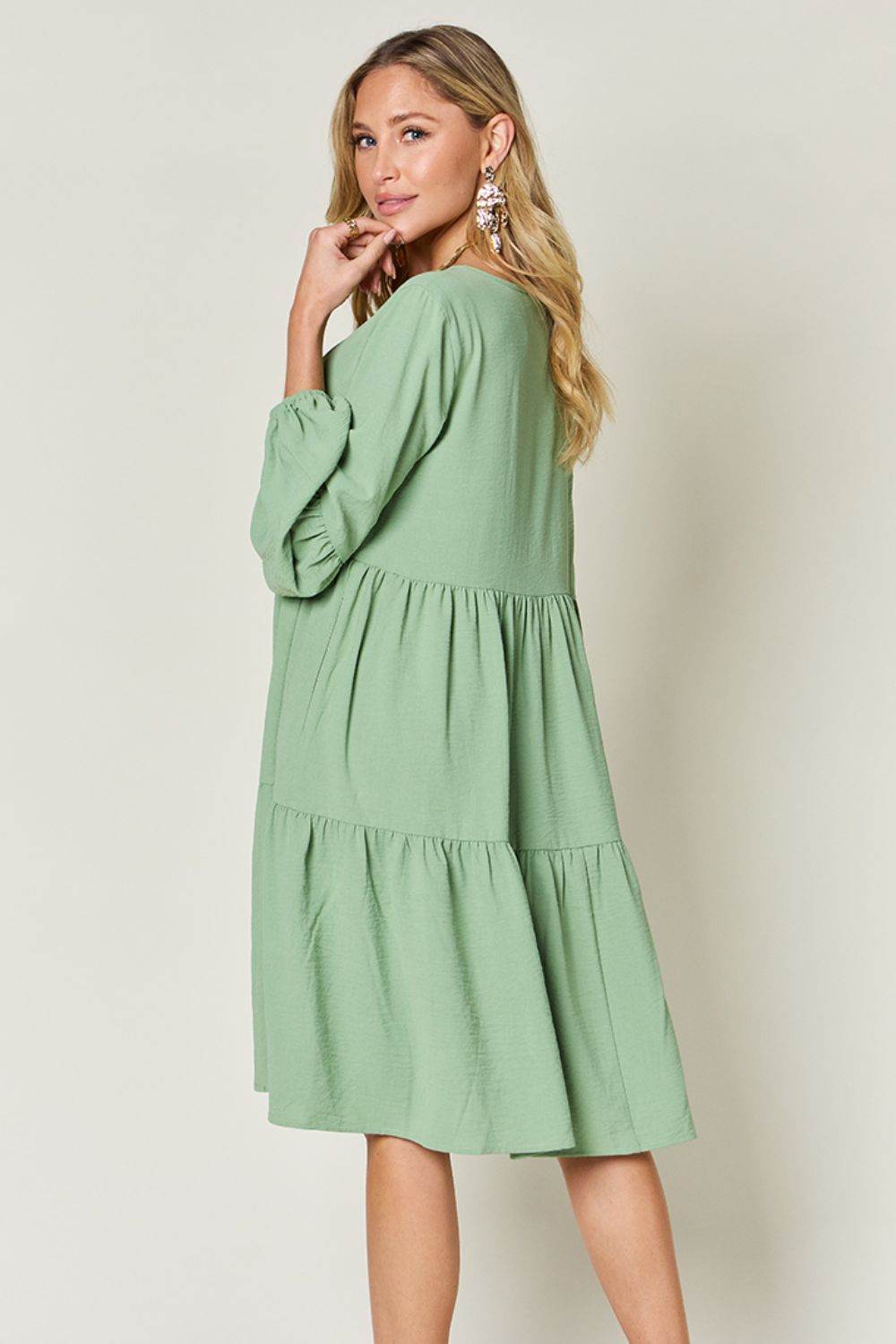 Double Take Full Size V-Neck Balloon Sleeve Tiered Women Dress with Pockets Light Blue / L Double Take Full Size V-Neck Balloon Sleeve Tiered Women Dress with Pockets Light Blue / L