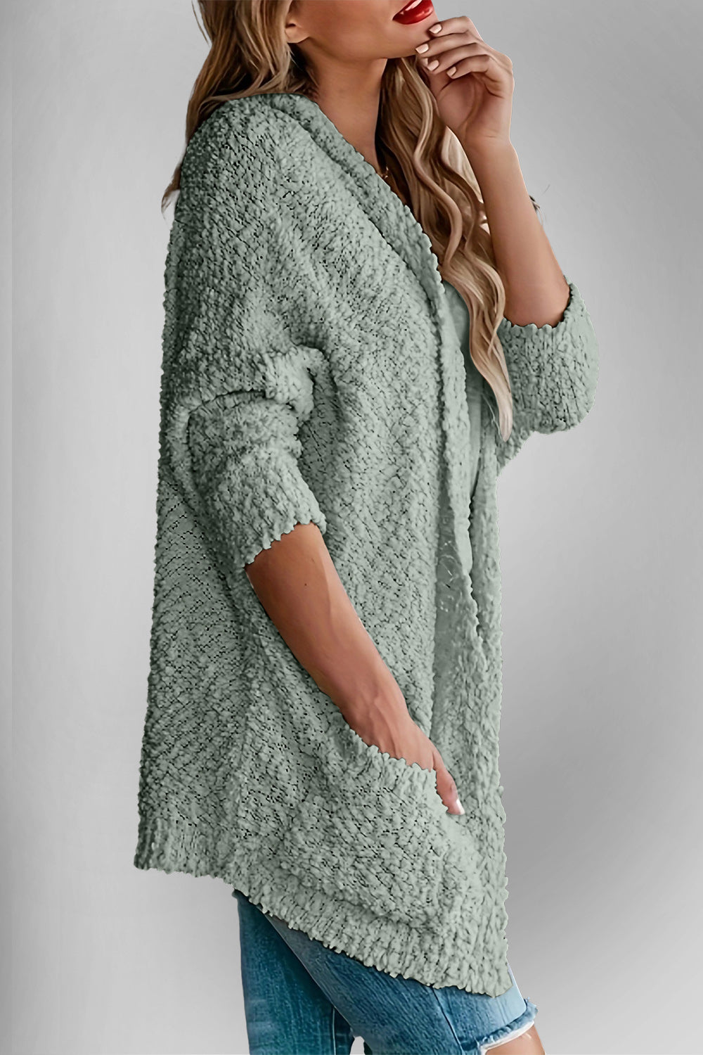 Velvet Bloom Pocketed Open Front Long Sleeve Women Cardigan