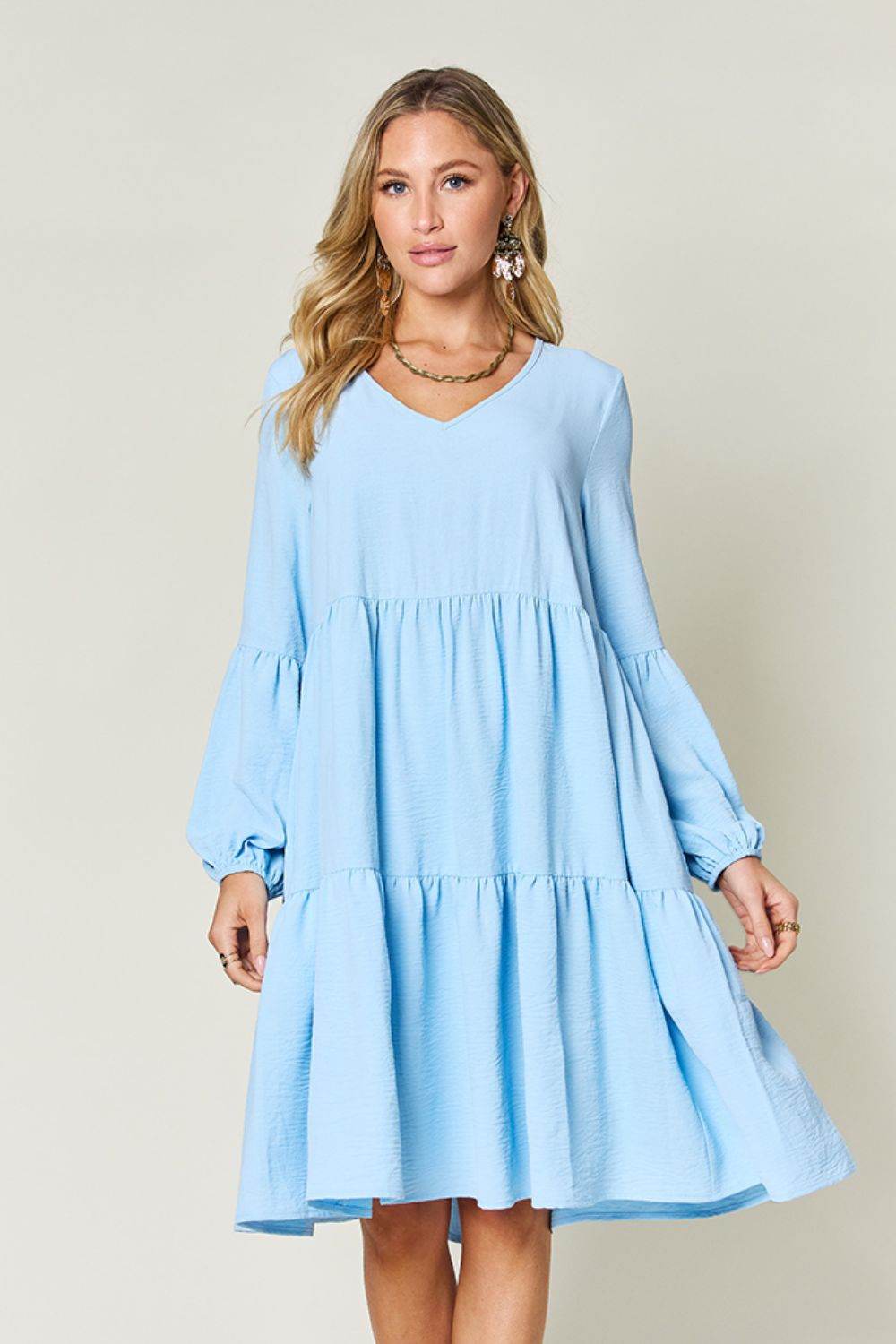 Double Take Full Size V-Neck Balloon Sleeve Tiered Women Dress with Pockets - Zara-Craft