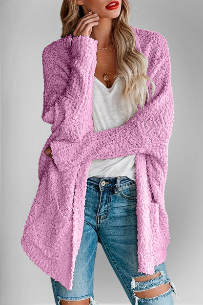 Velvet Bloom Pocketed Open Front Long Sleeve Women Cardigan
