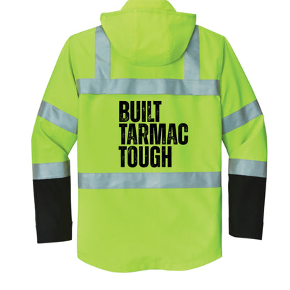 High-visibility jacket with 'Built Tarmac Tough' text on a white background