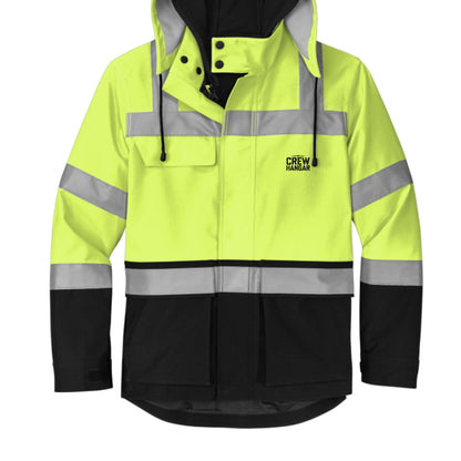 High-visibility safety jacket with reflective stripes