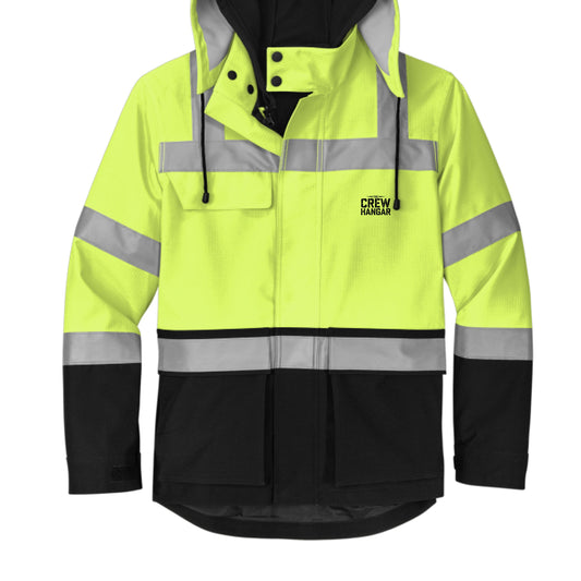 High-visibility safety jacket with reflective stripes