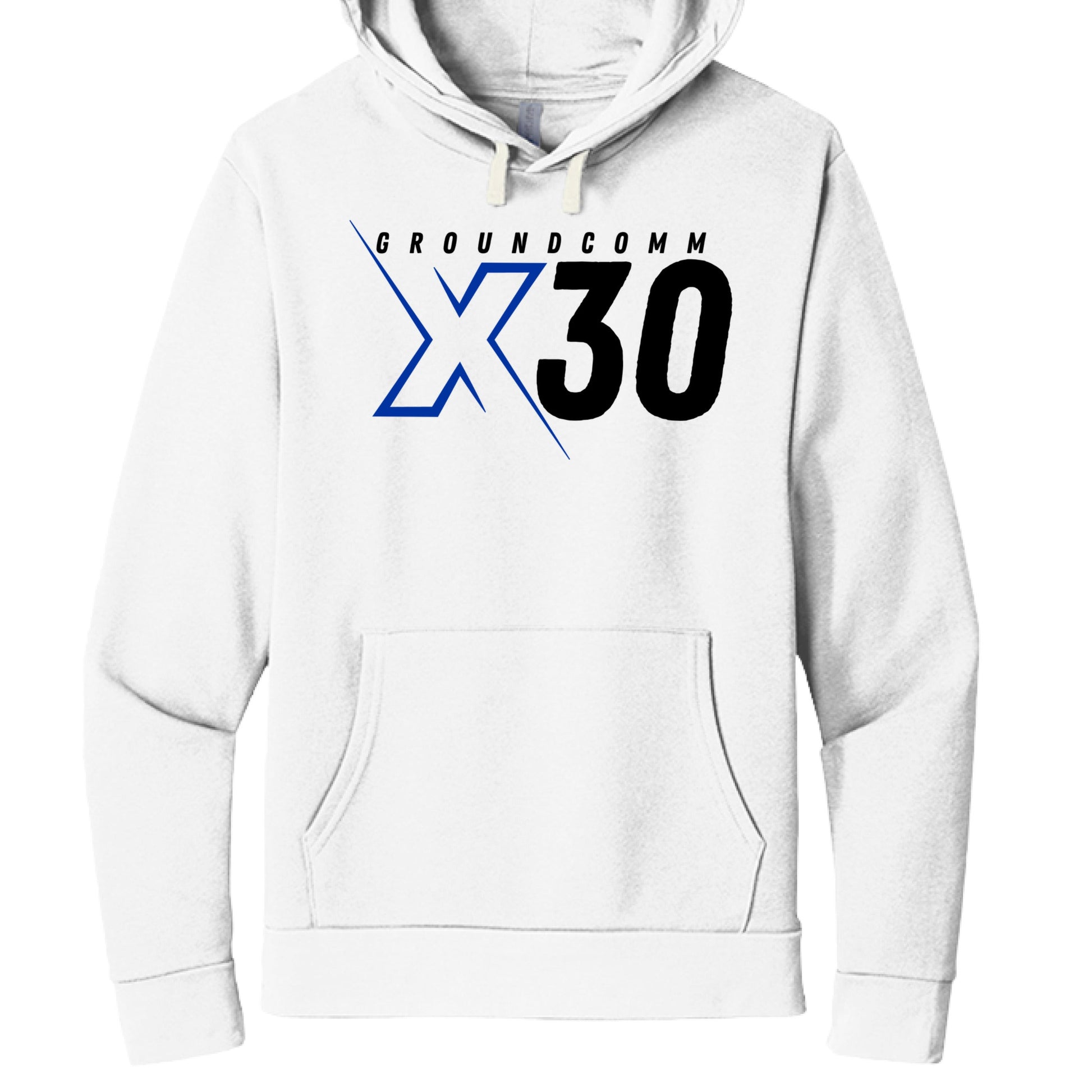 White hoodie with 'GROUNDCOMM X30' logo on a white background