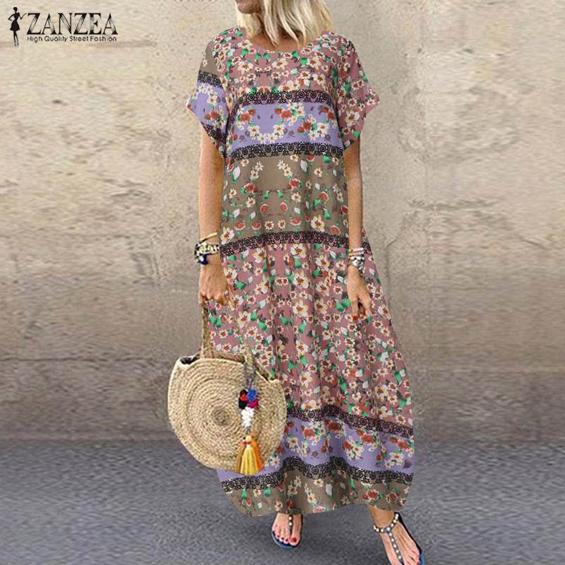 ZANZEA Summer Maxi Dress Women's Vintage Printed Sundress Casual Loose Short Sleeve Vestidos Vacation High Waist Robe Femme - Zara-Craft