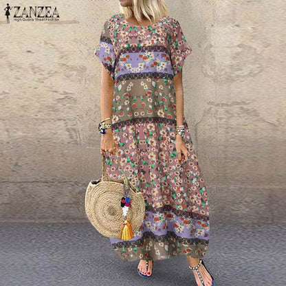 ZANZEA Summer Maxi Dress Women's Vintage Printed Sundress Casual Loose Short Sleeve Vestidos Vacation High Waist Robe Femme - Zara-Craft