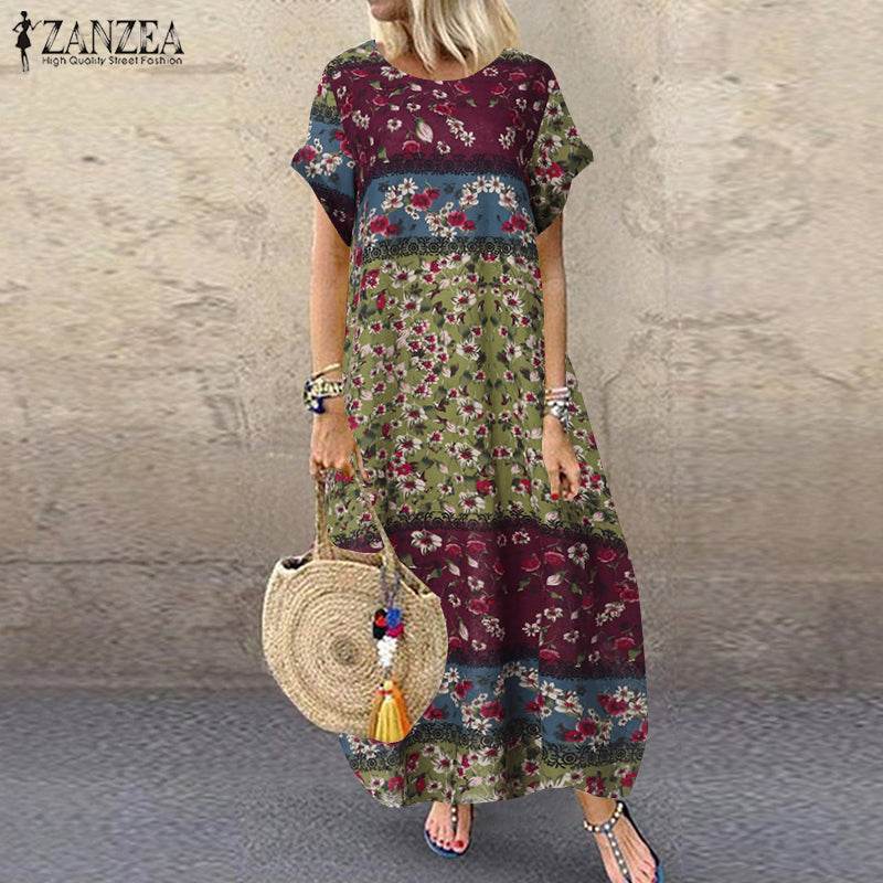 ZANZEA Summer Maxi Dress Women's Vintage Printed Sundress Casual Loose Short Sleeve Vestidos Vacation High Waist Robe - Zara-Craft