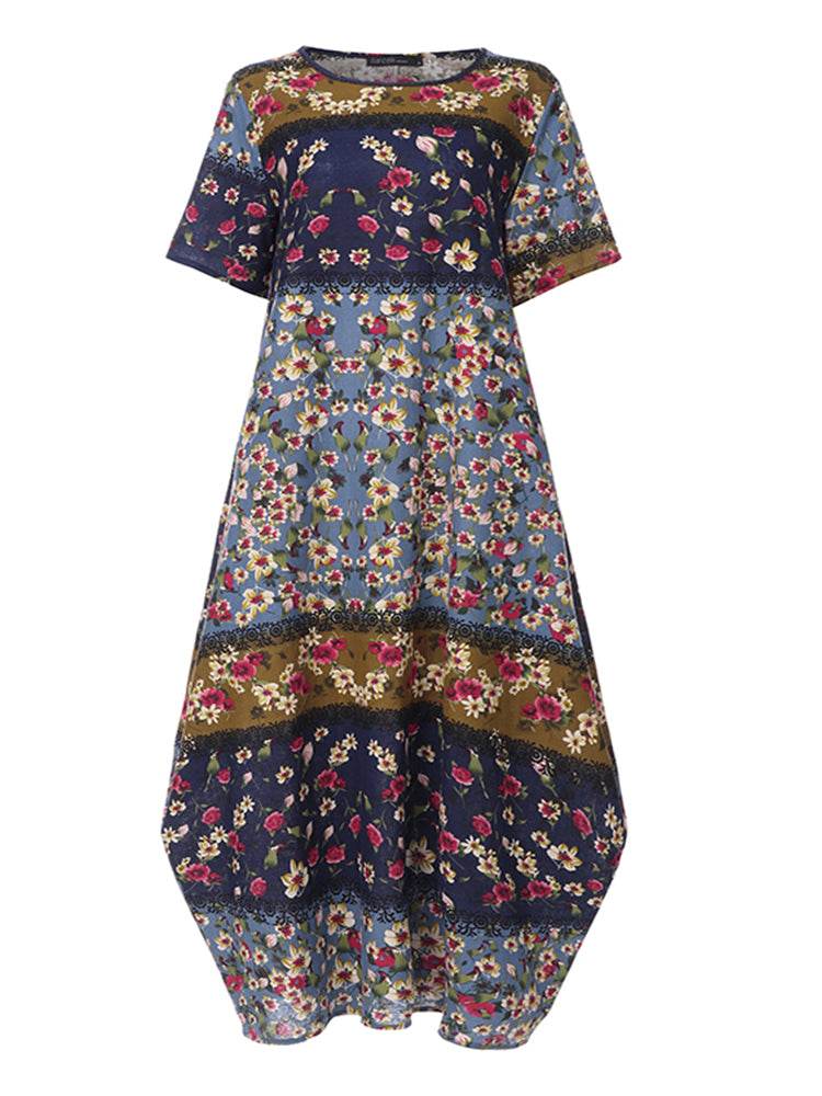 ZANZEA Summer Maxi Dress Women's Vintage Printed Sundress Casual Loose Short Sleeve Vestidos Vacation High Waist Robe - Zara-Craft