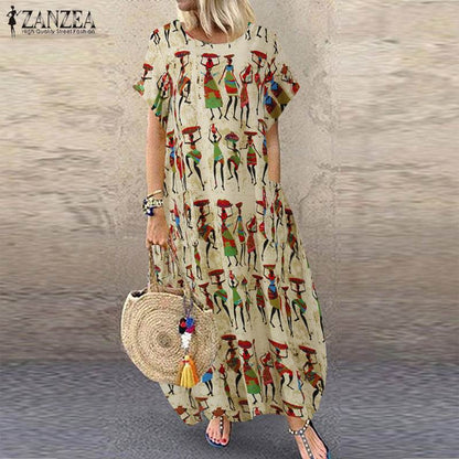 ZANZEA Summer Maxi Dress Women's Vintage Printed Sundress Casual Loose Short Sleeve Vestidos Vacation High Waist Robe - Zara-Craft