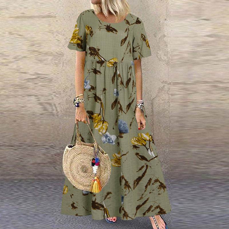 ZANZEA Summer Maxi Dress Women's Vintage Printed Sundress Casual Loose Short Sleeve Vestidos Vacation High Waist Robe - Zara-Craft