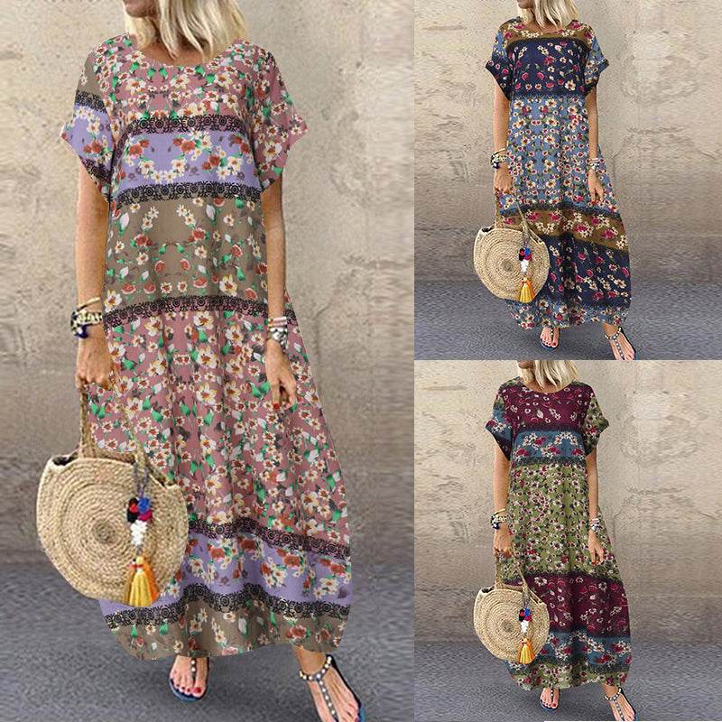 ZANZEA Summer Maxi Dress Women's Vintage Printed Sundress Casual Loose Short Sleeve Vestidos Vacation High Waist Robe Femme - Zara-Craft