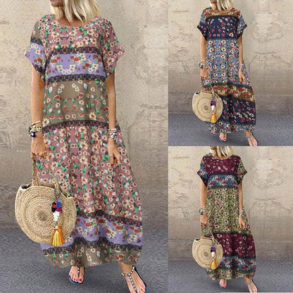 ZANZEA Summer Maxi Dress Women's Vintage Printed Sundress Casual Loose Short Sleeve Vestidos Vacation High Waist Robe - Zara-Craft