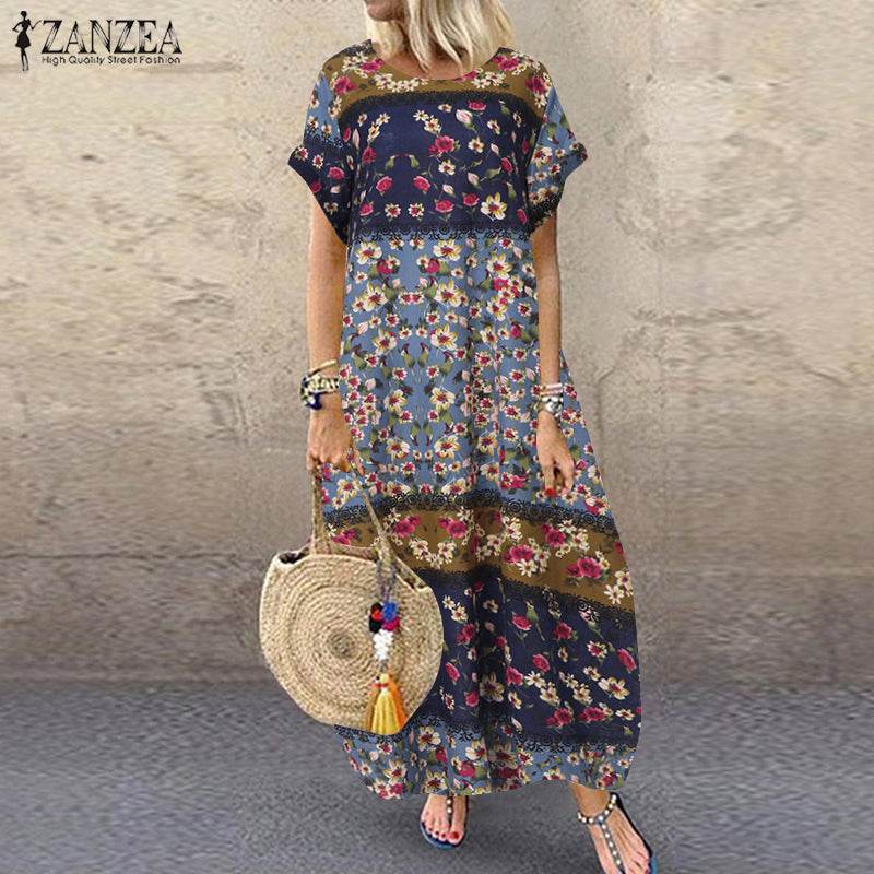 ZANZEA Summer Maxi Dress Women's Vintage Printed Sundress Casual Loose Short Sleeve Vestidos Vacation High Waist Robe Femme - Zara-Craft