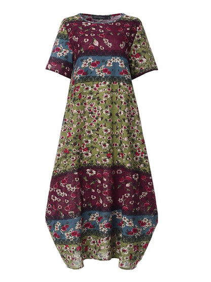 ZANZEA Summer Maxi Dress Women's Vintage Printed Sundress Casual Loose Short Sleeve Vestidos Vacation High Waist Robe Femme - Zara-Craft