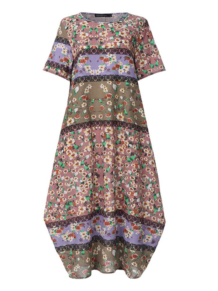 ZANZEA Summer Maxi Dress Women's Vintage Printed Sundress Casual Loose Short Sleeve Vestidos Vacation High Waist Robe Femme - Zara-Craft
