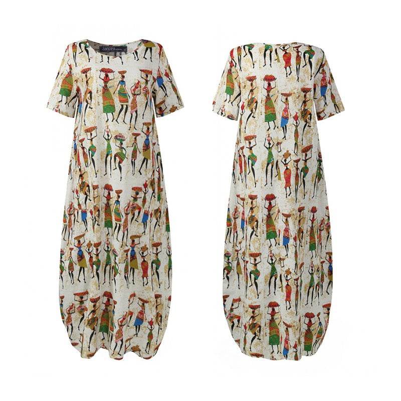 ZANZEA Summer Maxi Dress Women's Vintage Printed Sundress Casual Loose Short Sleeve Vestidos Vacation High Waist Robe - Zara-Craft