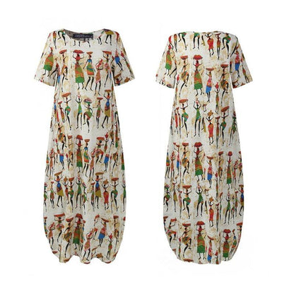 ZANZEA Summer Maxi Dress Women's Vintage Printed Sundress Casual Loose Short Sleeve Vestidos Vacation High Waist Robe Femme - Zara-Craft