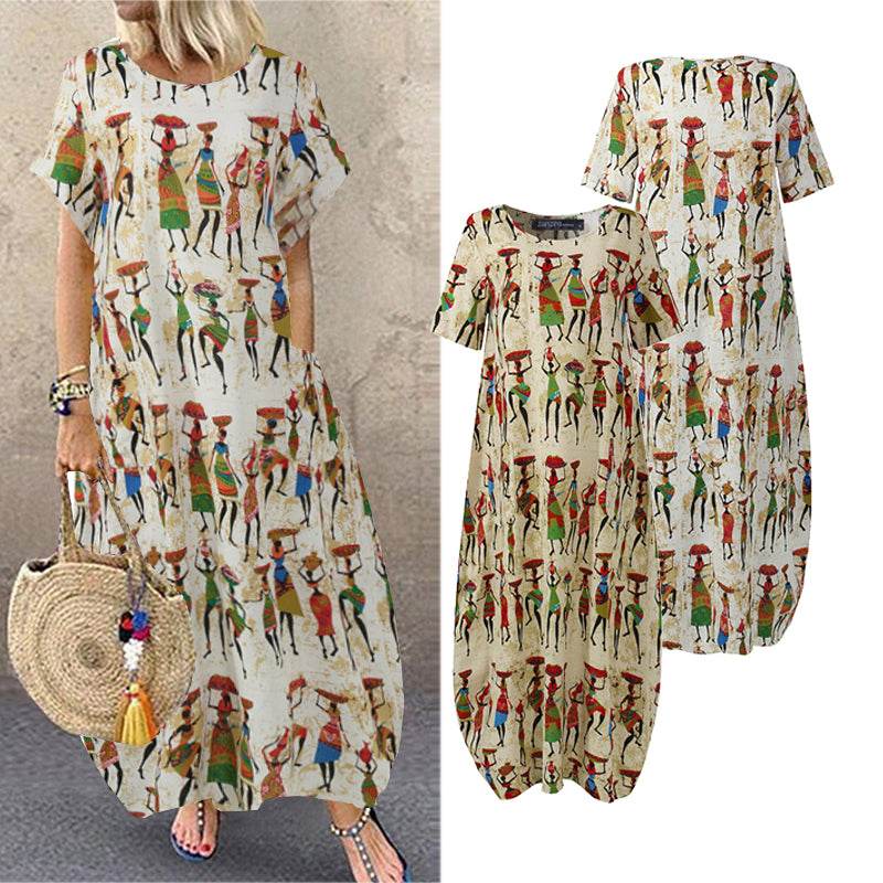 ZANZEA Summer Maxi Dress Women's Vintage Printed Sundress Casual Loose Short Sleeve Vestidos Vacation High Waist Robe Femme - Zara-Craft