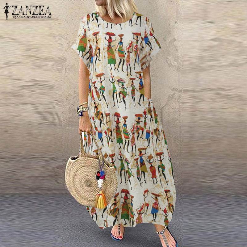 ZANZEA Summer Maxi Dress Women's Vintage Printed Sundress Casual Loose Short Sleeve Vestidos Vacation High Waist Robe Femme - Zara-Craft