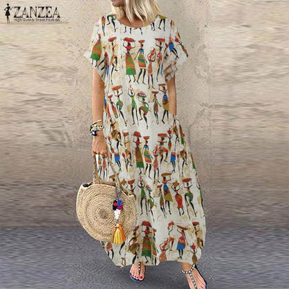 ZANZEA Summer Maxi Dress Women's Vintage Printed Sundress Casual Loose Short Sleeve Vestidos Vacation High Waist Robe - Zara-Craft