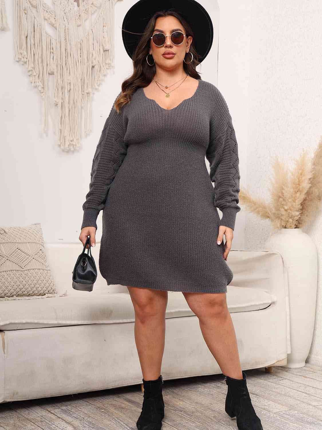 Plus Size Dropped Shoulder Long Sleeve Knit Women Mini Dress - Zara-Craft