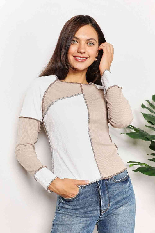 Double Take Color Block Exposed Seam Women Top - Zara-Craft