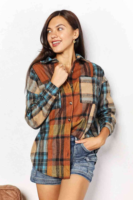 Double Take Plaid Curved Women Hem Shirt Jacket with Breast Pockets - Zara-Craft