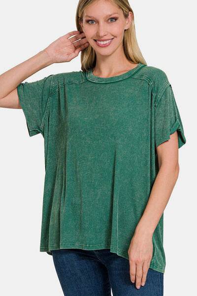 Zenana Washed Ribbed Short Sleeve Women Top - Zara-Craft